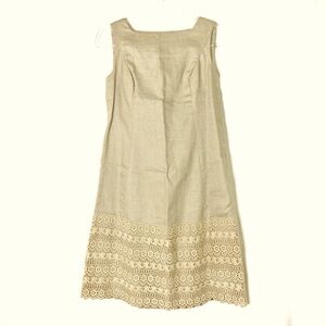 Handmade | Tan Mini Shift Dress Crochet Lace Hem Womens Small